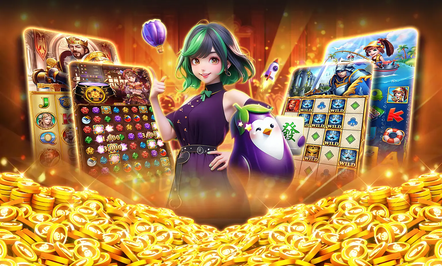 遊戲茄子娛樂城主視覺｜茄子吉祥物與女角色金幣場景